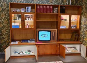 Kuvassa kirjahylly, jonka vitriineissä erilaisia leluja, matkamuistoesineitä ja sanakirjoja. Keskimmäisellä tasolla televisio.