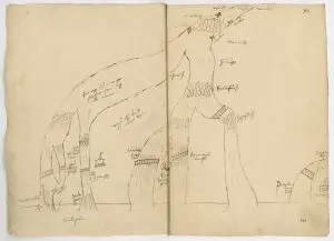 Piirustus joen haarasta. Osan haaroista yli on piirretty silta.