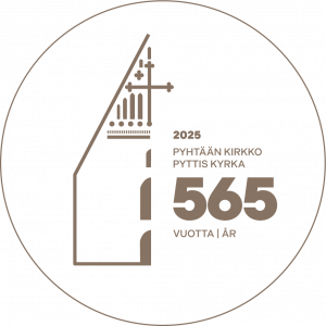 Logo Pyhtään kirkon 565 juhlasta. Logossa ympyrän sisälle piiretty puolikas kirkon pääty ja tekstiä.