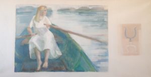 Maalauksessa nainen soutaa valkoisessa mekossa vihreässä veneessä