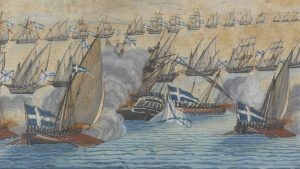 Piirroskuva sota-aluksista Ruotsinsalmen vesillä