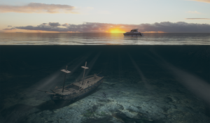 animoidussa kuvassa merenpinnalla nykyaikainen vene ja pinnan alla vanha uponnut hylky