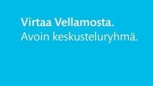 Turkoosin värisellä pohjalla teksti Virtaa Vellamosta