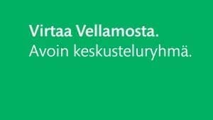 Vihreän värisellä pohjalla teksti Virtaa Vellamosta