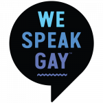 We speak gay -järjestön logo: teksti We speak gay mustassa puhekuplassa