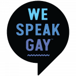 We speak gay -järjestön logo: teksti We speak gay mustassa puhekuplassa