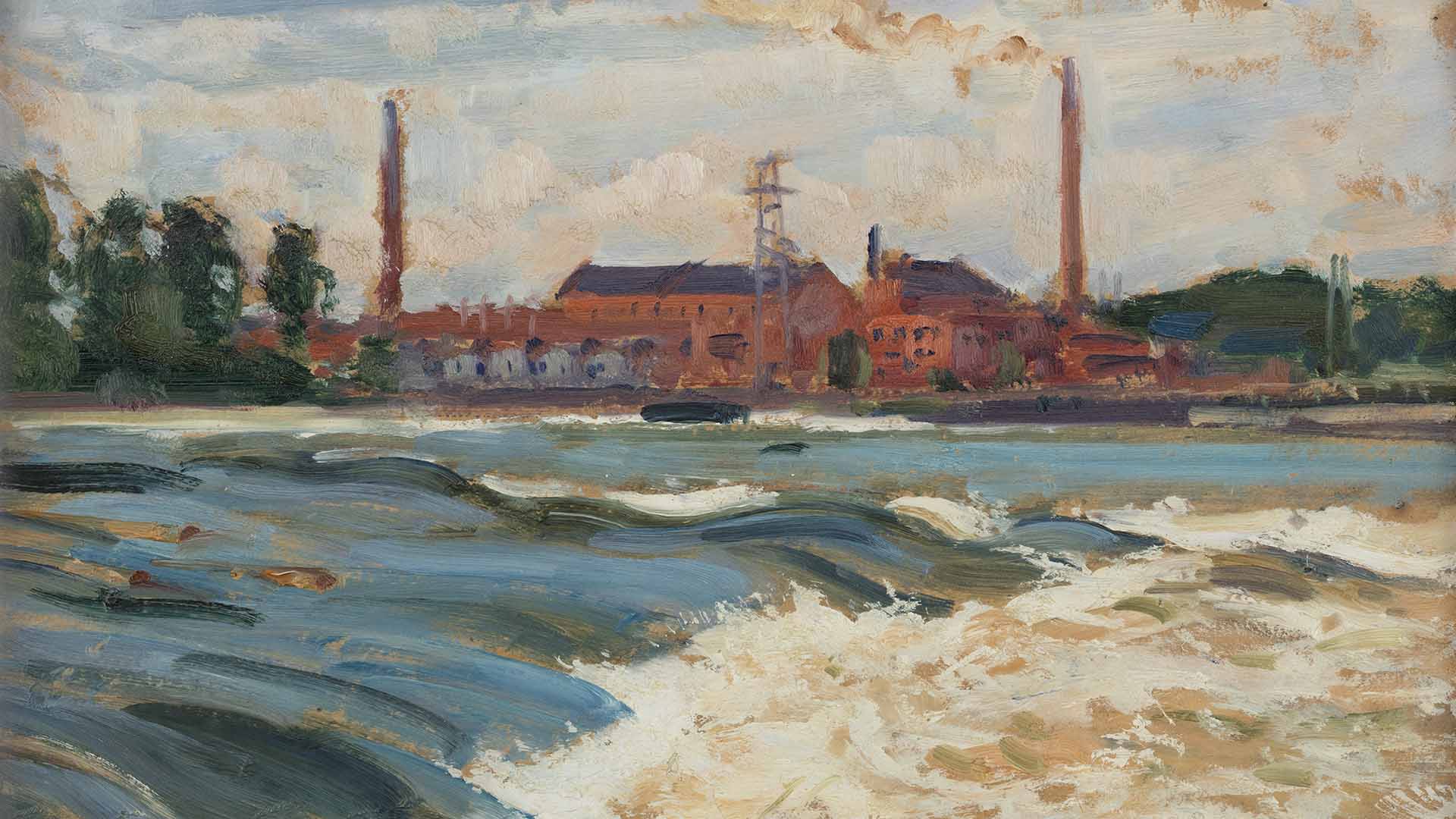 Verner Thomén maalaus Kymintehdas vuodelta 1932. Taustalla punainen tehdasrakennus piippuineen, etualalla vuolaana virtaava joki koskineen.