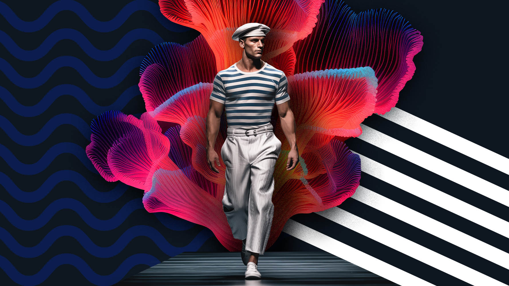 Vaaleisiin housuihin, sinivalkoraitaiseen paitaan ja merimiestyyliseen valkoiseen hattuun pukeutunut miesmalli kävelee eteenpäin. Taustalla on värikkäitä viiruullisia ja aaltomaisia kuvioita.